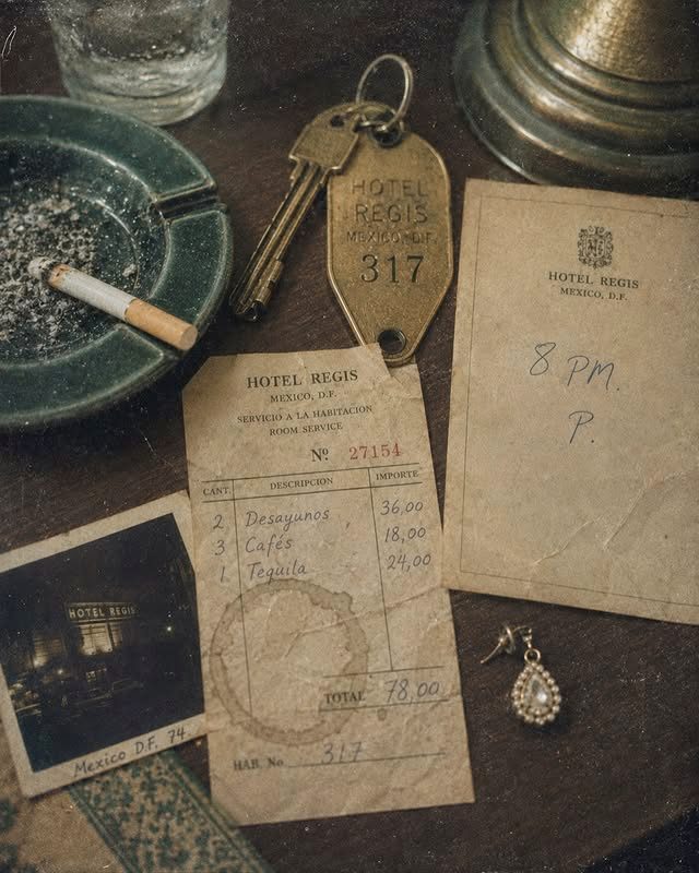 A weathered Hotel Regis key and receipt from Pablo's story