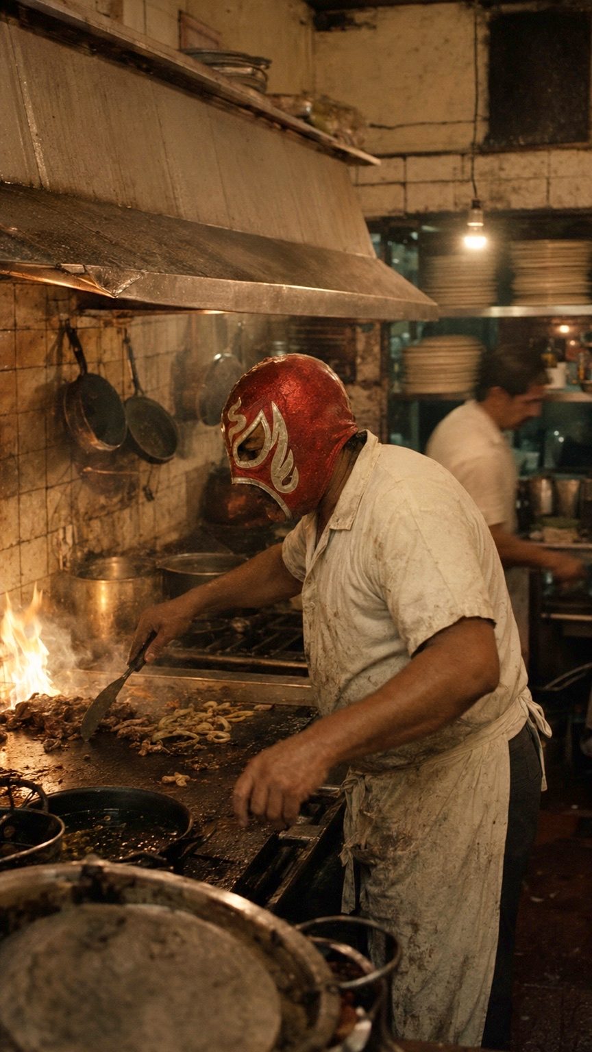 A cook in a red lucha mask working over an open flame in the kitchen