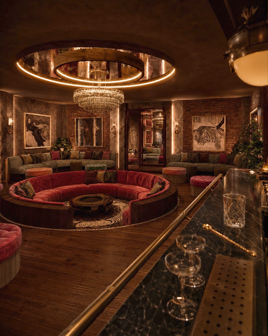 La Guarida den with a circular red velvet sofa beneath a chandelier