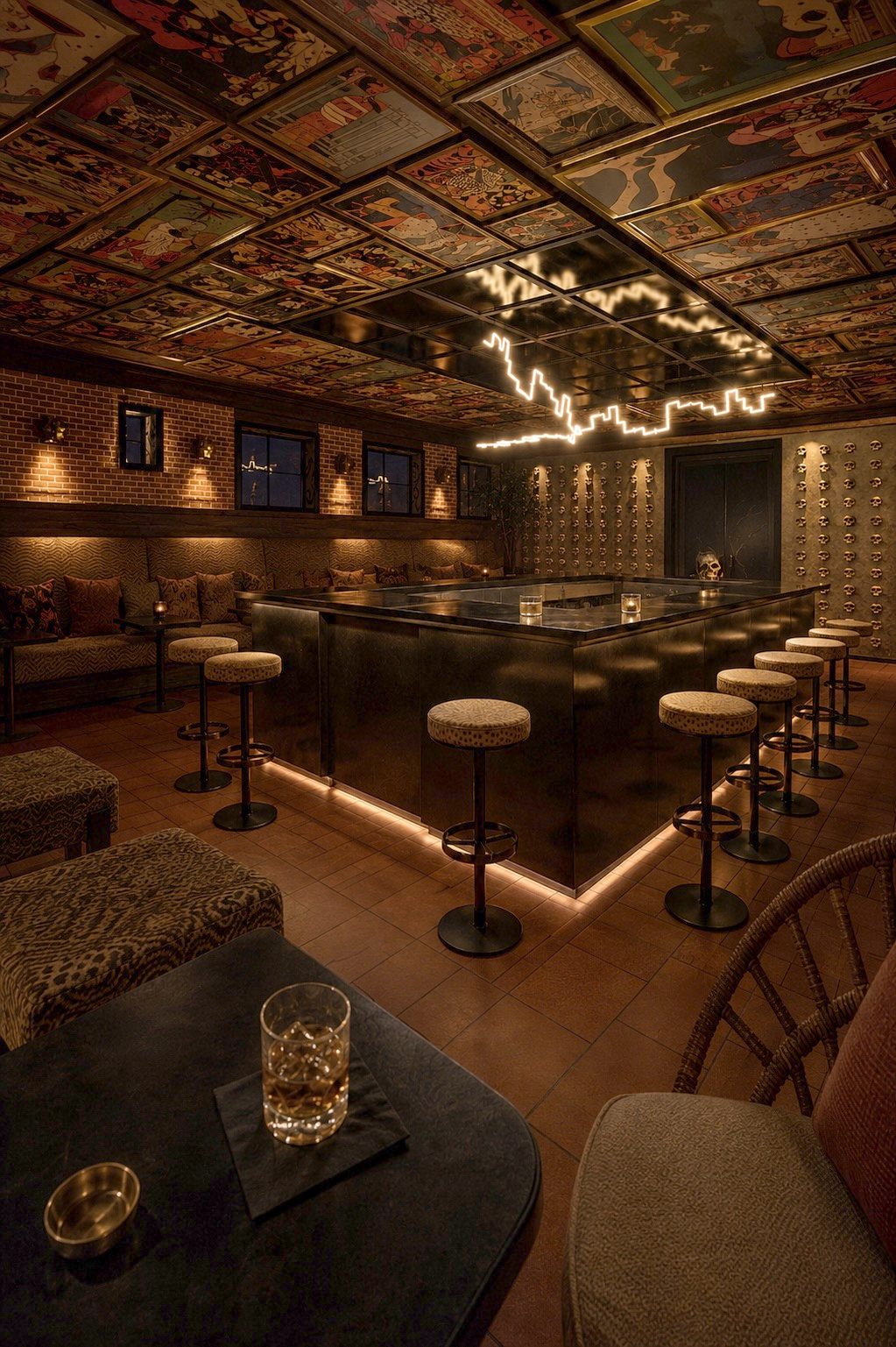 La Sala with a central bar, framed ceiling art, and a lightning-shaped light