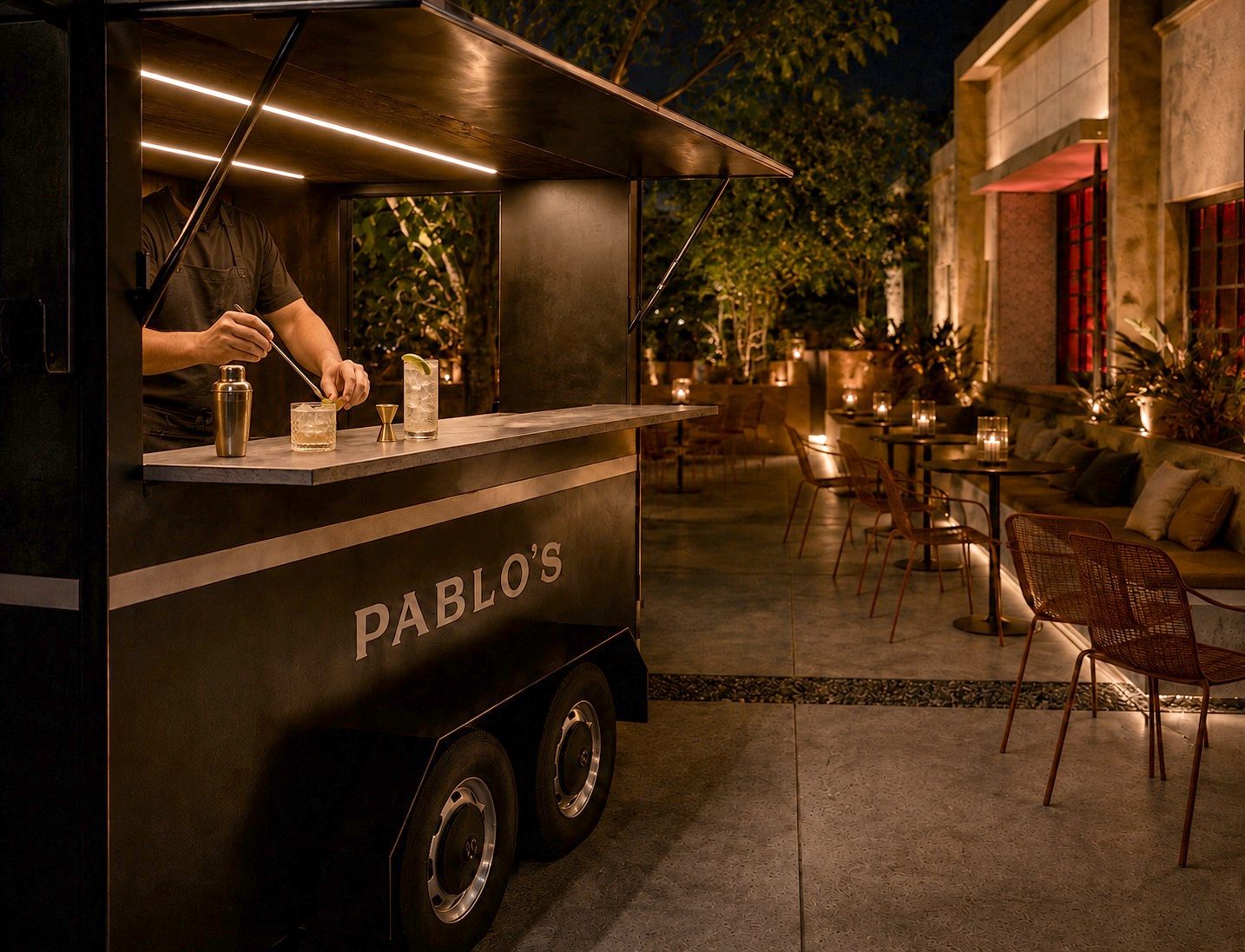 Pablo's front patio at dusk