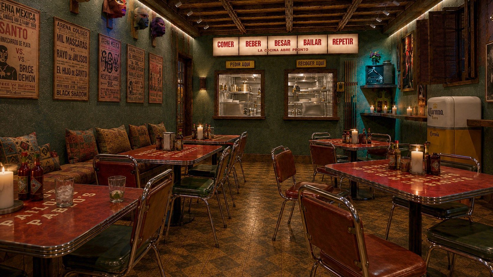 La Lucha dining room with open kitchen windows and a glowing Comer, Beber, Besar, Bailar, Repetir marquee